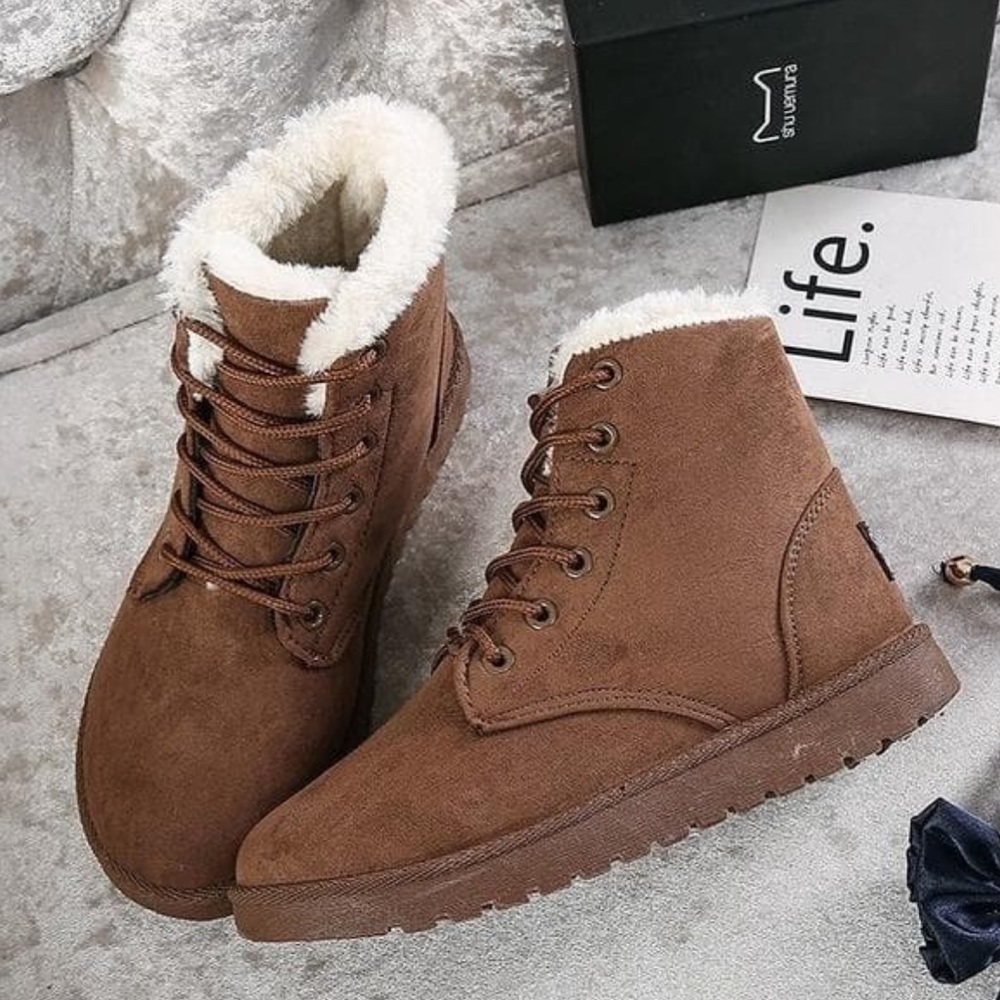 Woman's Ugg Inspired Casual Flat Lace-Up Fur-Lined Winter Faux Suede Ankle Boots